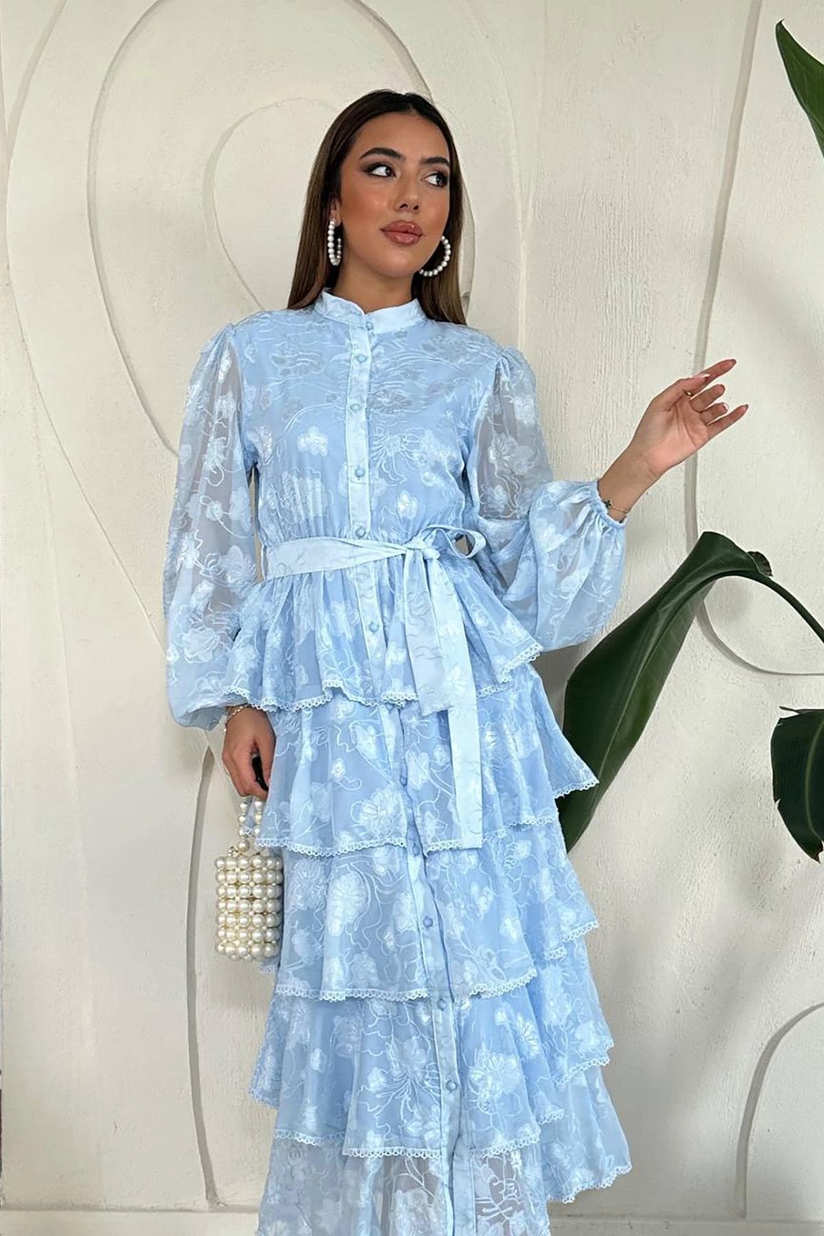 Light Blue Tiered Maxi Dress | Cottagecore Prairie Dress with Puff Sleeves & Lace Collar | Vintage Button Down Long Dress - görsel 2
