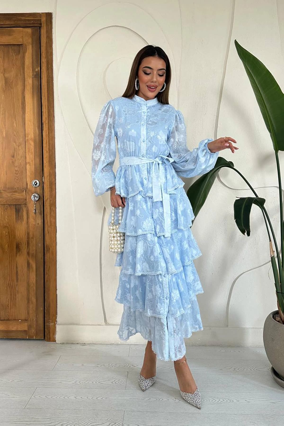 Light Blue Tiered Maxi Dress | Cottagecore Prairie Dress with Puff Sleeves & Lace Collar | Vintage Button Down Long Dress - görsel 3
