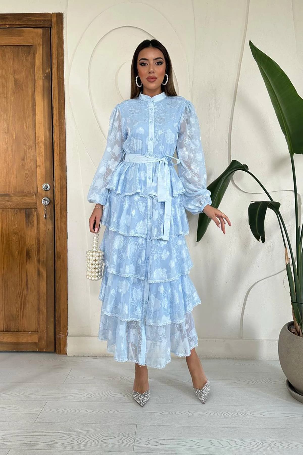 Light Blue Tiered Maxi Dress | Cottagecore Prairie Dress with Puff Sleeves & Lace Collar | Vintage Button Down Long Dress - görsel 4