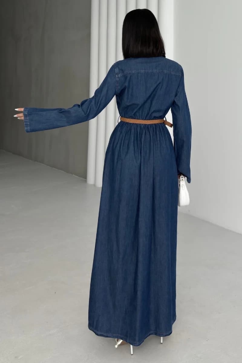 Long Sleeve Denim Maxi Dress Belted Vintage Style Blue Jean Shirt Dress Floor Length Casual - görsel 3