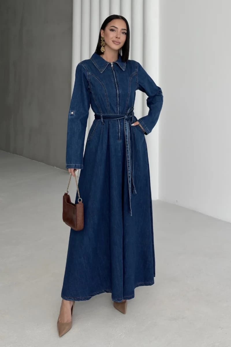 Long Sleeve Denim Maxi Dress Belted Vintage Style Blue Jean Shirt Dress Floor Length Casual - ana görsel