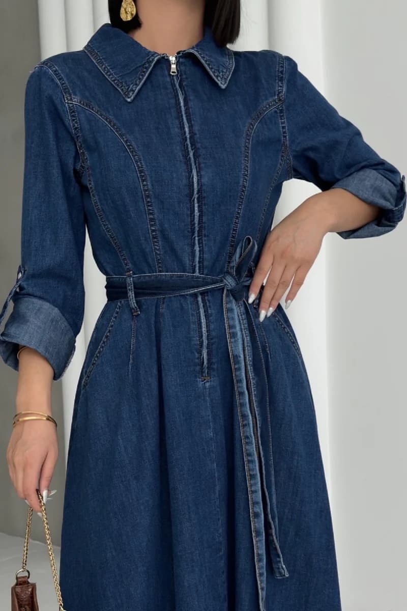 Long Sleeve Denim Maxi Dress Belted Vintage Style Blue Jean Shirt Dress Floor Length Casual - görsel 2