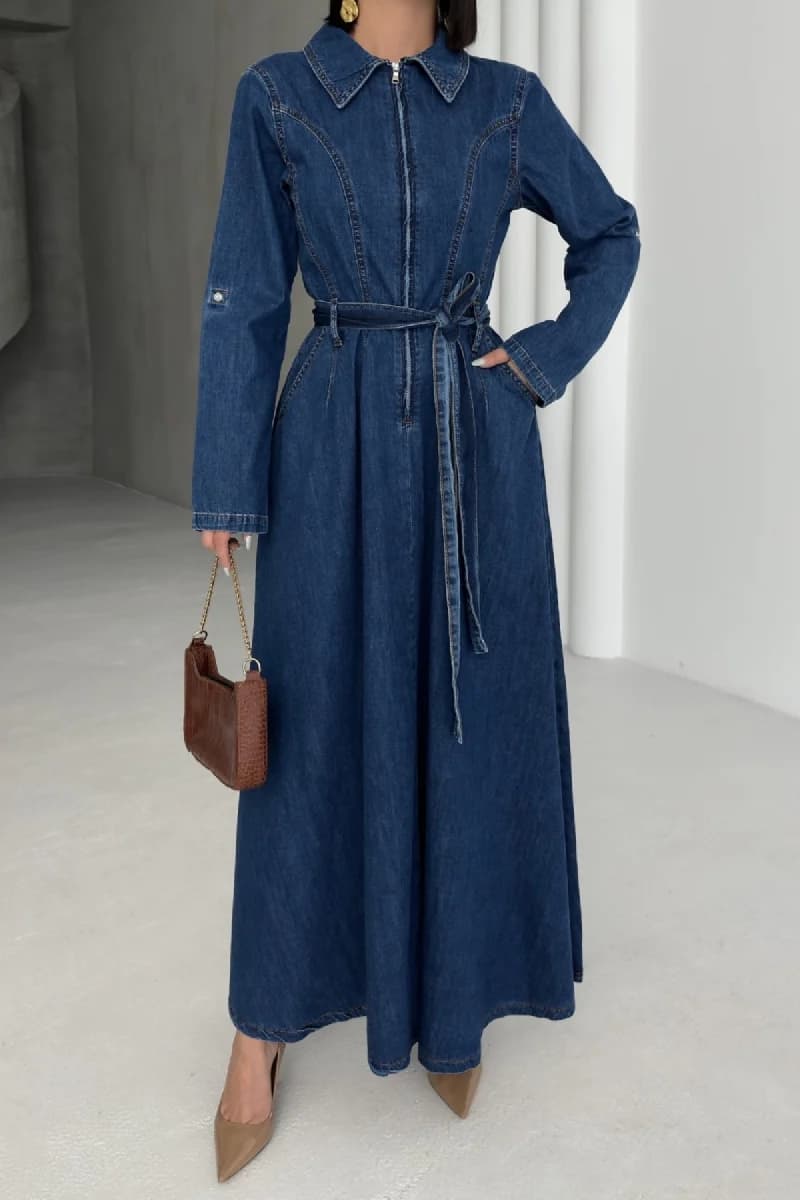 Long Sleeve Denim Maxi Dress Belted Vintage Style Blue Jean Shirt Dress Floor Length Casual - görsel 1