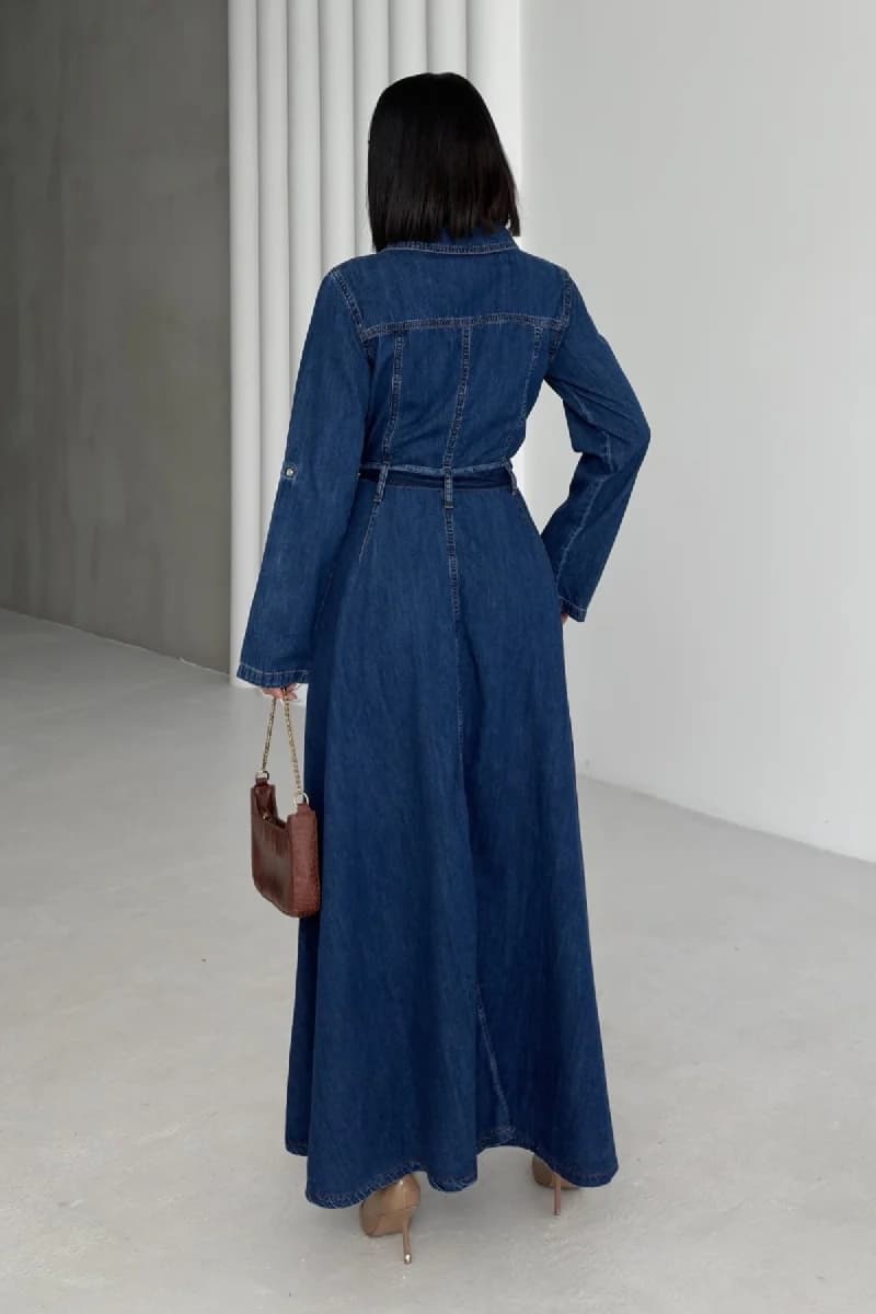 Long Sleeve Denim Maxi Dress Belted Vintage Style Blue Jean Shirt Dress Floor Length Casual - görsel 4