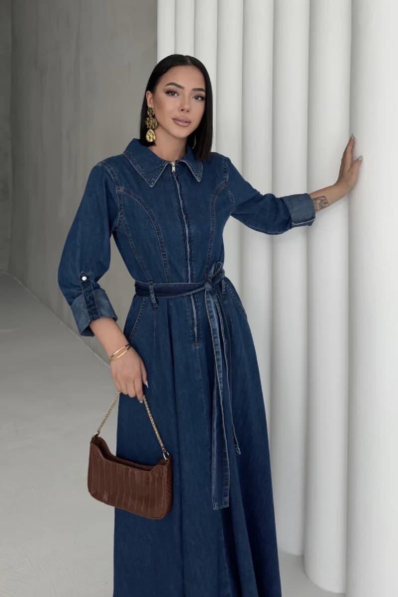 Long Sleeve Denim Maxi Dress Belted Vintage Style Blue Jean Shirt Dress Floor Length Casual - görsel 5