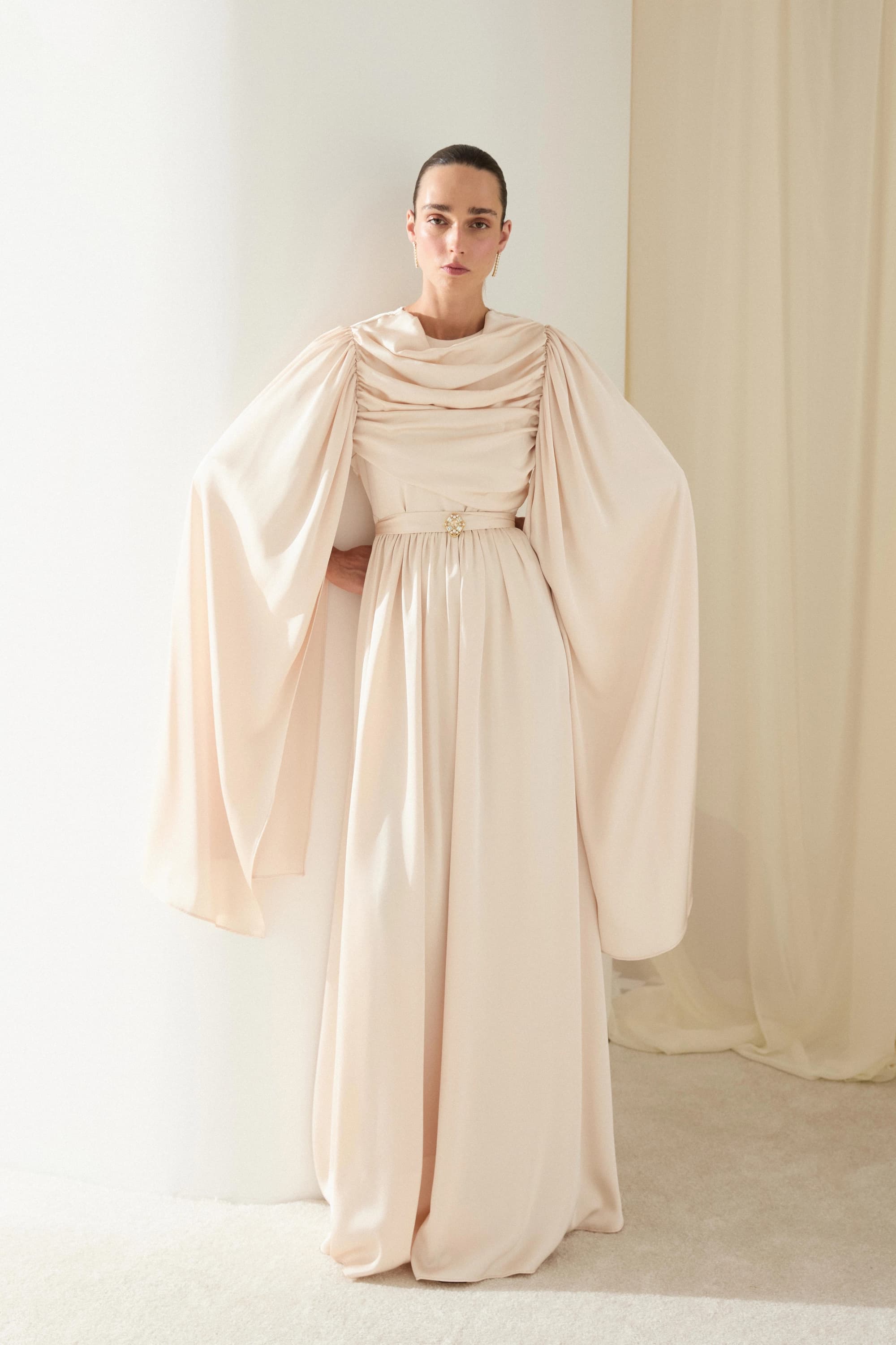 Long Sleeve Evening Dress Draped Silk Gown Cape Formal Wedding Guest Dress Elegant Party Dress Maxi Gown - ana görsel