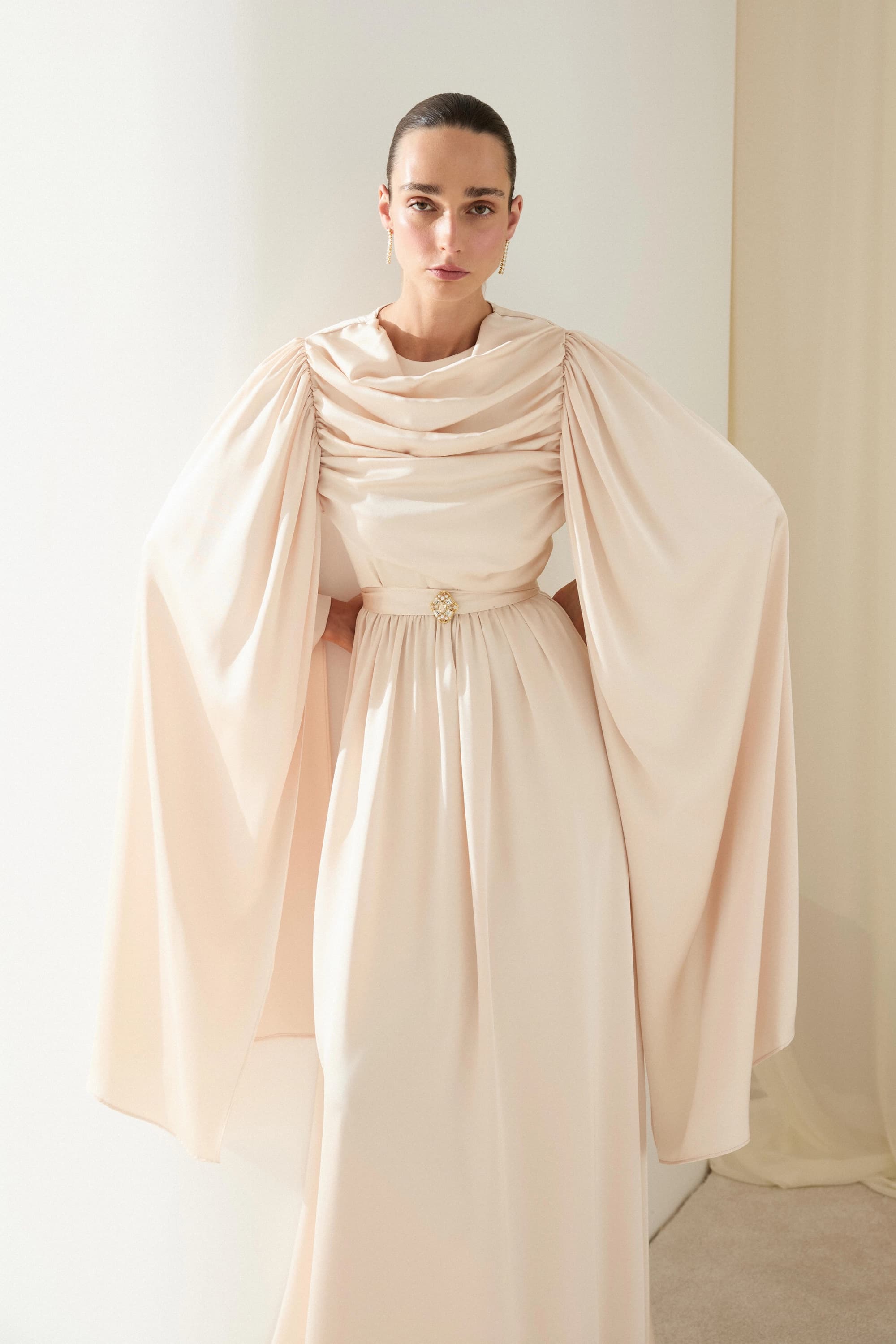 Long Sleeve Evening Dress Draped Silk Gown Cape Formal Wedding Guest Dress Elegant Party Dress Maxi Gown - görsel 1