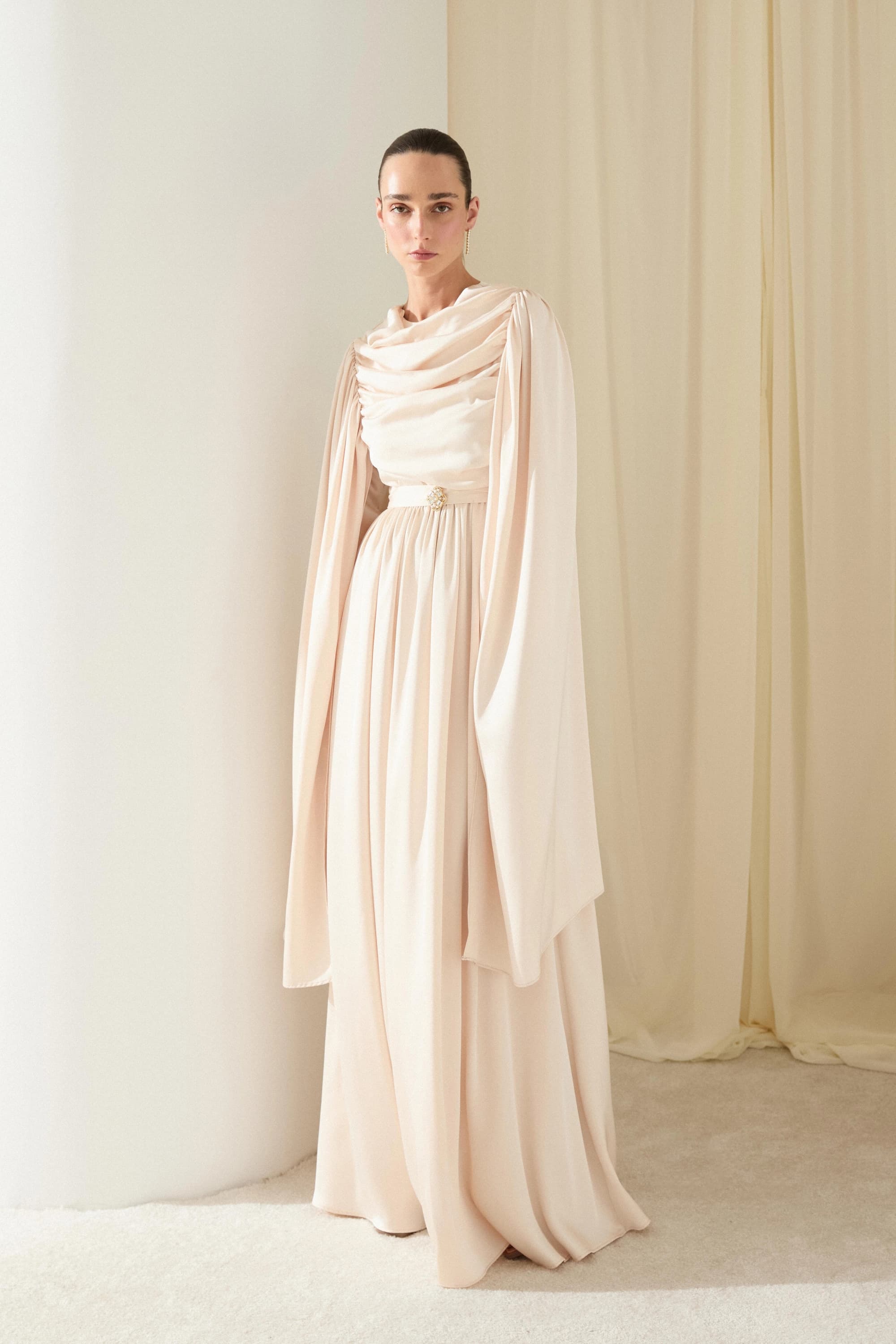 Long Sleeve Evening Dress Draped Silk Gown Cape Formal Wedding Guest Dress Elegant Party Dress Maxi Gown - görsel 3