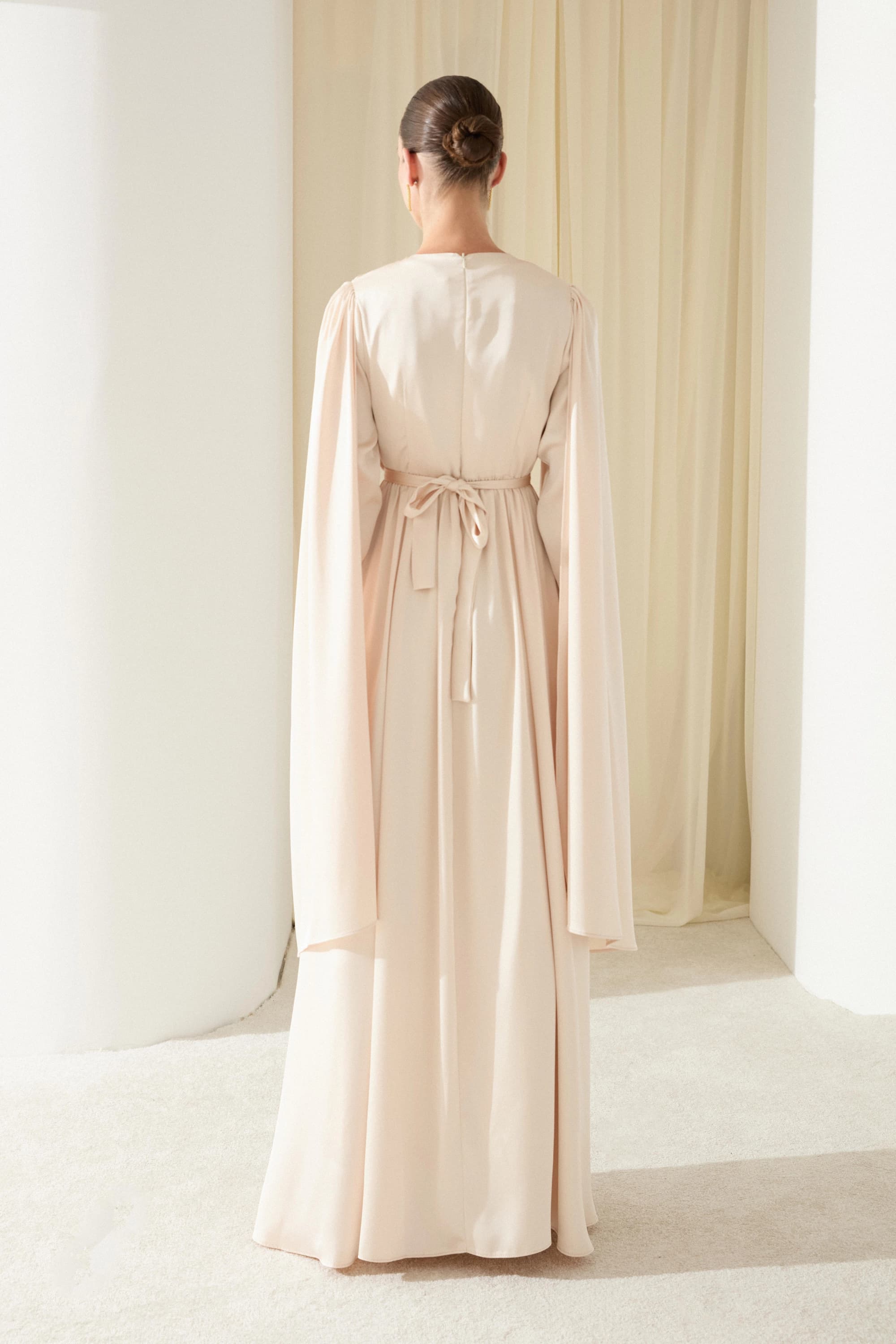 Long Sleeve Evening Dress Draped Silk Gown Cape Formal Wedding Guest Dress Elegant Party Dress Maxi Gown - görsel 4