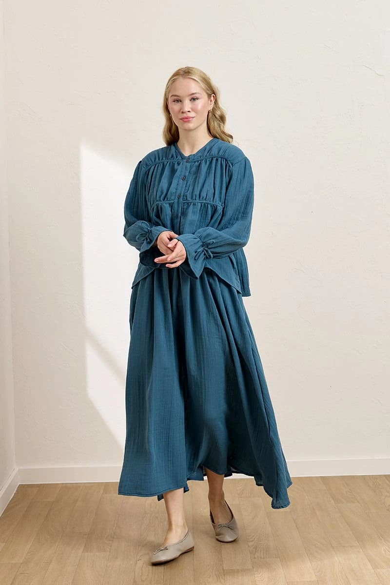 Blue Muslin Piped Blouse & Balloon Skirt Set
