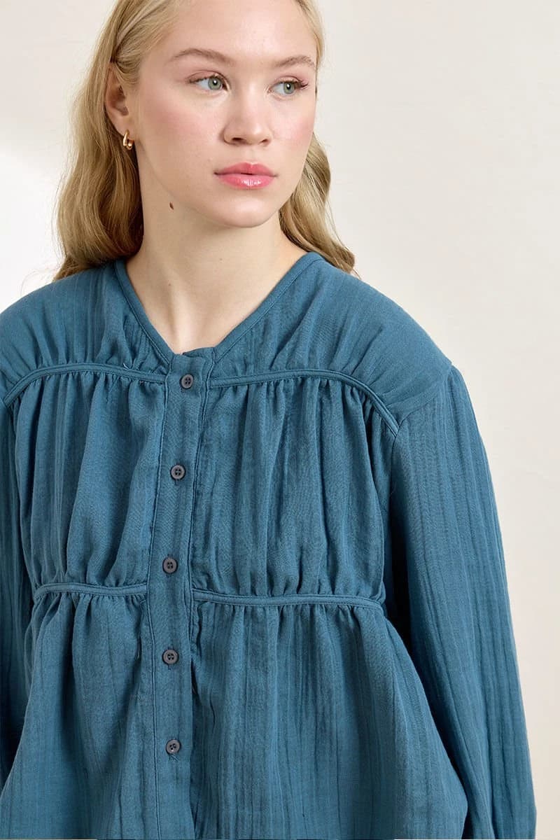 Blue Muslin Piped Blouse & Balloon Skirt Set detailed view 3