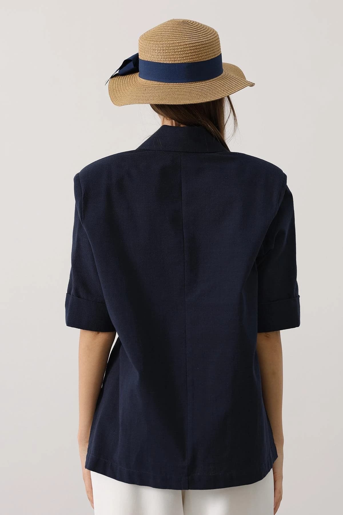 Navy Blue Linen Blazer Women Oversized Double Breasted Short Sleeve Summer Jacket Loose Fit Professional Casual Coat detailed view 5