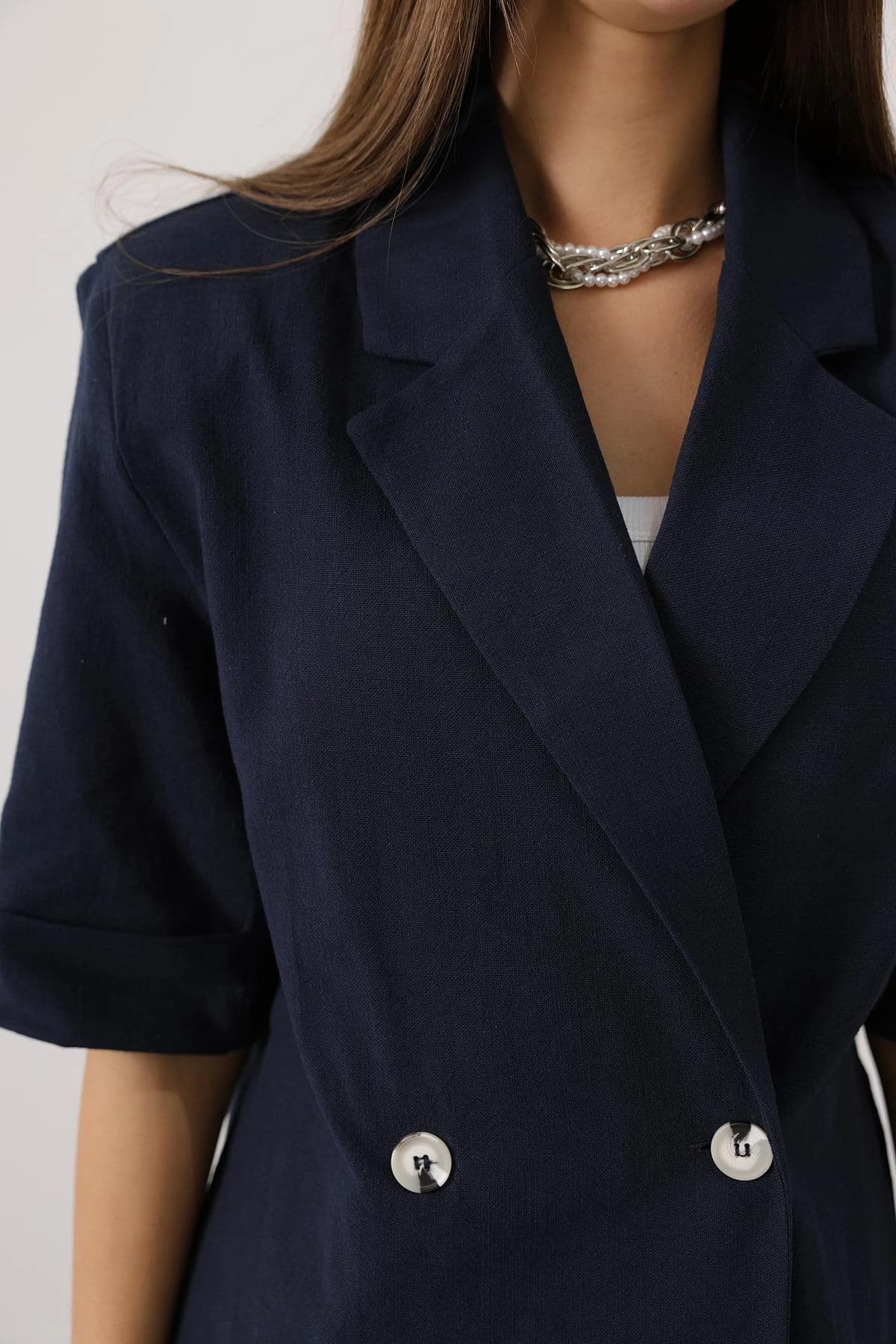 Navy Blue Linen Blazer Women Oversized Double Breasted Short Sleeve Summer Jacket Loose Fit Professional Casual Coat detailed view 4