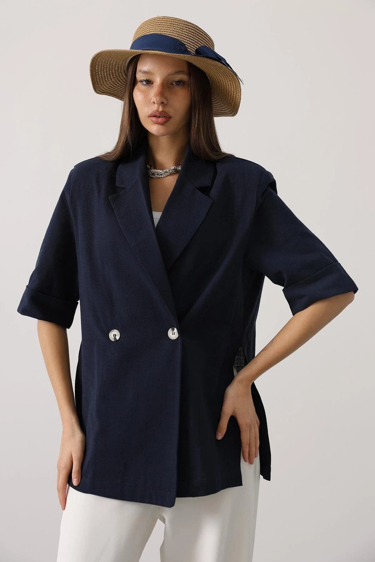 Navy Blue Linen Blazer Women Oversized Double Breasted Short Sleeve Summer Jacket Loose Fit Professional Casual Coat
