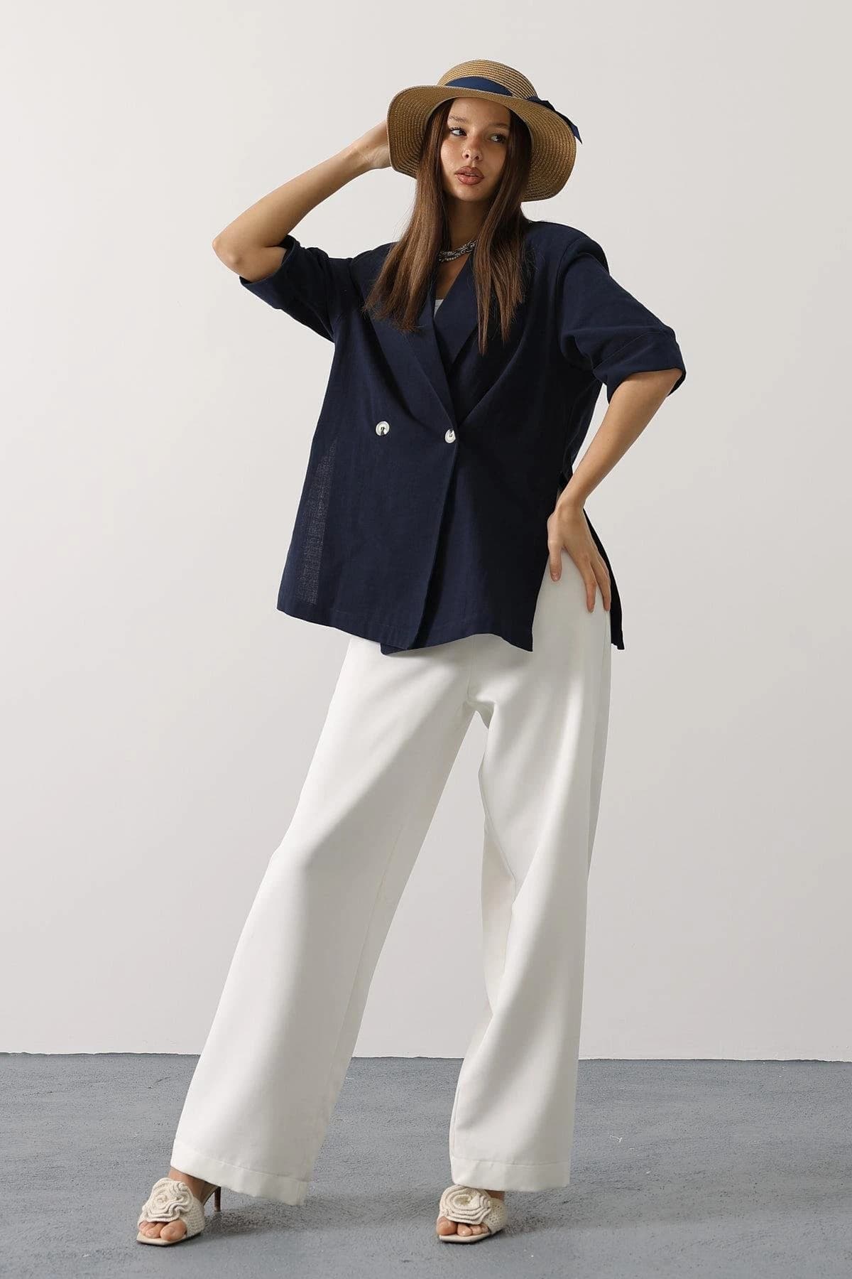 Navy Blue Linen Blazer Women Oversized Double Breasted Short Sleeve Summer Jacket Loose Fit Professional Casual Coat detailed view 3