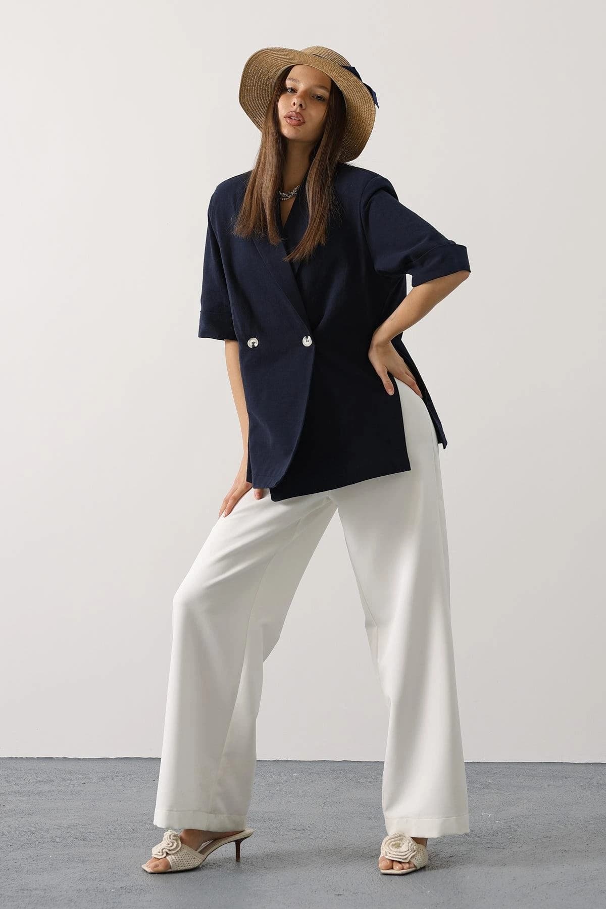 Navy Blue Linen Blazer Women Oversized Double Breasted Short Sleeve Summer Jacket Loose Fit Professional Casual Coat detailed view 2