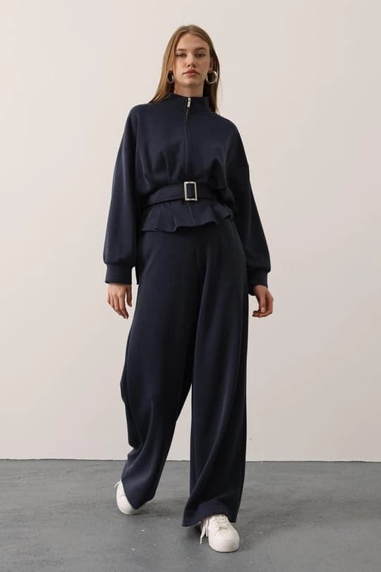 Navy Wide Leg Trousers | Jersey Knit Palazzo Pants | Flowing Drapey Winter Pant - görsel 1