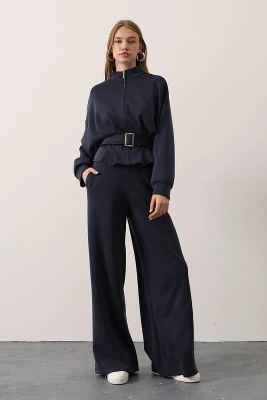 Navy Wide Leg Trousers | Jersey Knit Palazzo Pants | Flowing Drapey Winter Pant - görsel 2