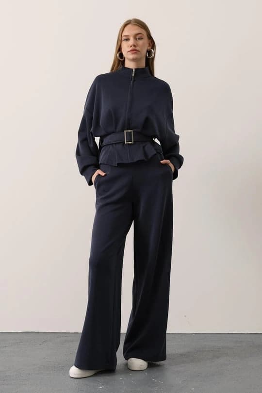 Navy Wide Leg Trousers | Jersey Knit Palazzo Pants | Flowing Drapey Winter Pant - görsel 3