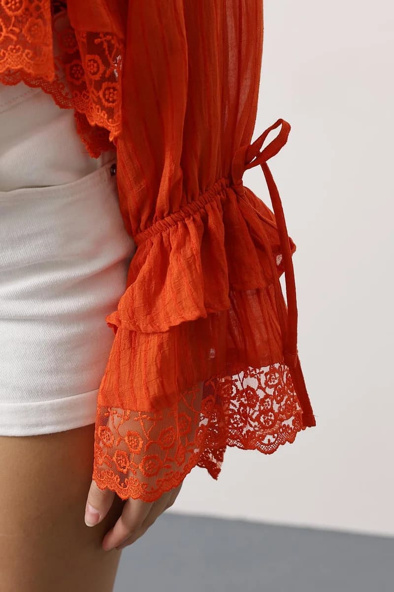 Orange Lace Peasant Blouse Ruffle Sleeves Boho Top Long Sleeve Women Romantic Embroidered Shirt Vintage Style Festival Clothing - görsel 1
