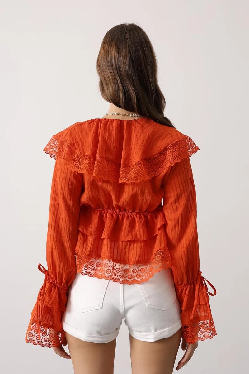 Orange Lace Peasant Blouse Ruffle Sleeves Boho Top Long Sleeve Women Romantic Embroidered Shirt Vintage Style Festival Clothing - görsel 4