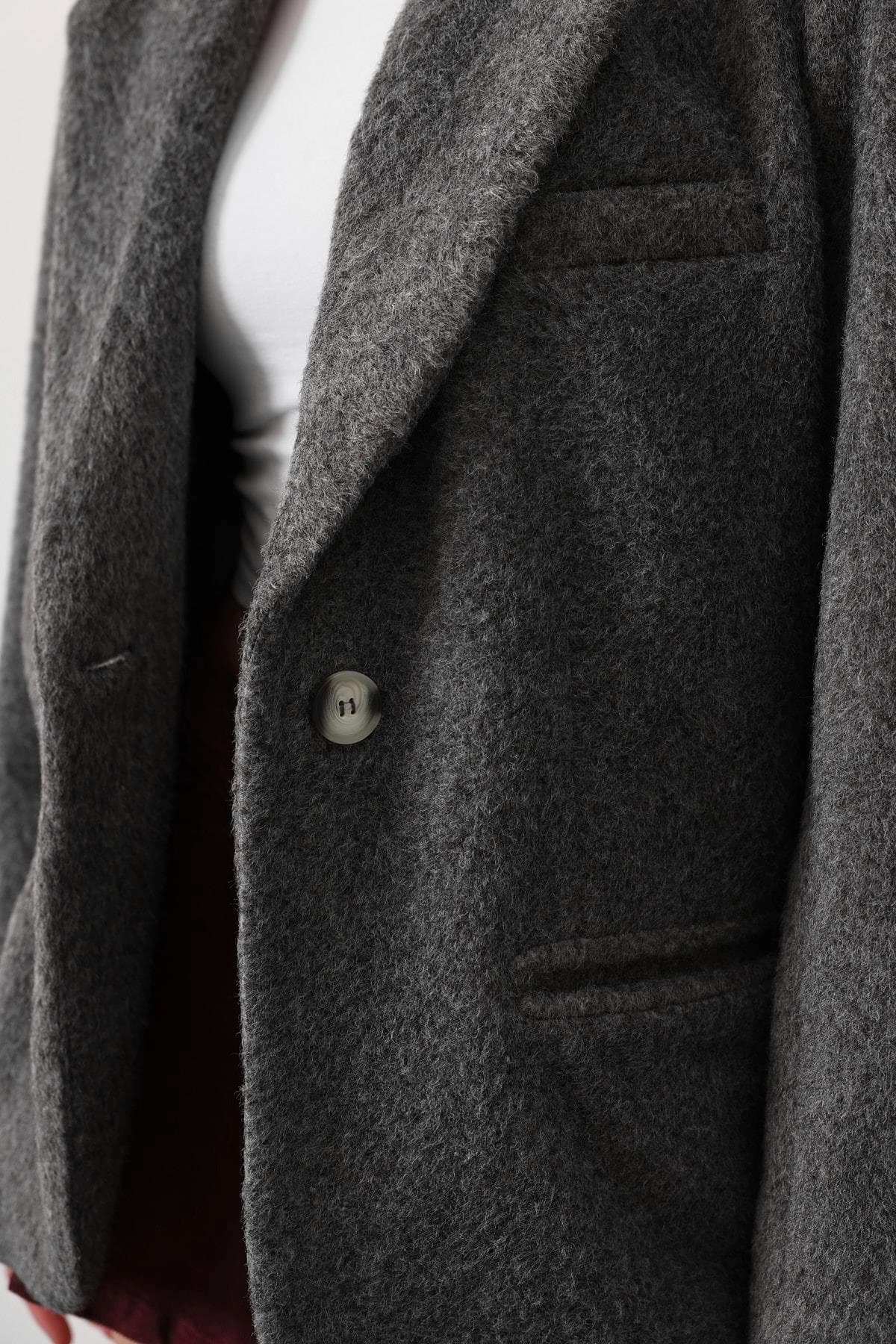 Oversized Grey Wool Blazer, Charcoal Boyfriend Jacket for Women, Dark Academia Coat, 90s Minimalist Style, Longline Felted Wool Jacket - görsel 1