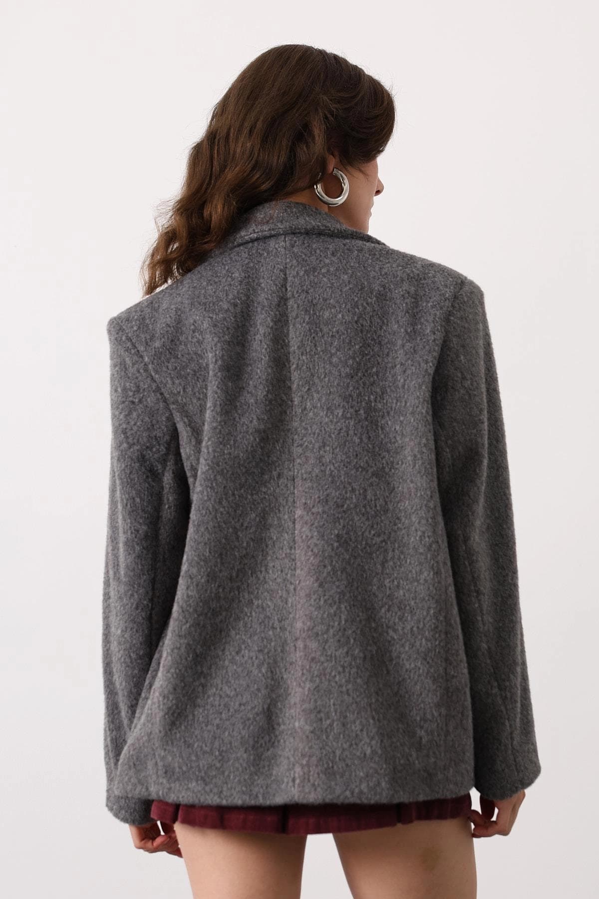 Oversized Grey Wool Blazer, Charcoal Boyfriend Jacket for Women, Dark Academia Coat, 90s Minimalist Style, Longline Felted Wool Jacket - görsel 2