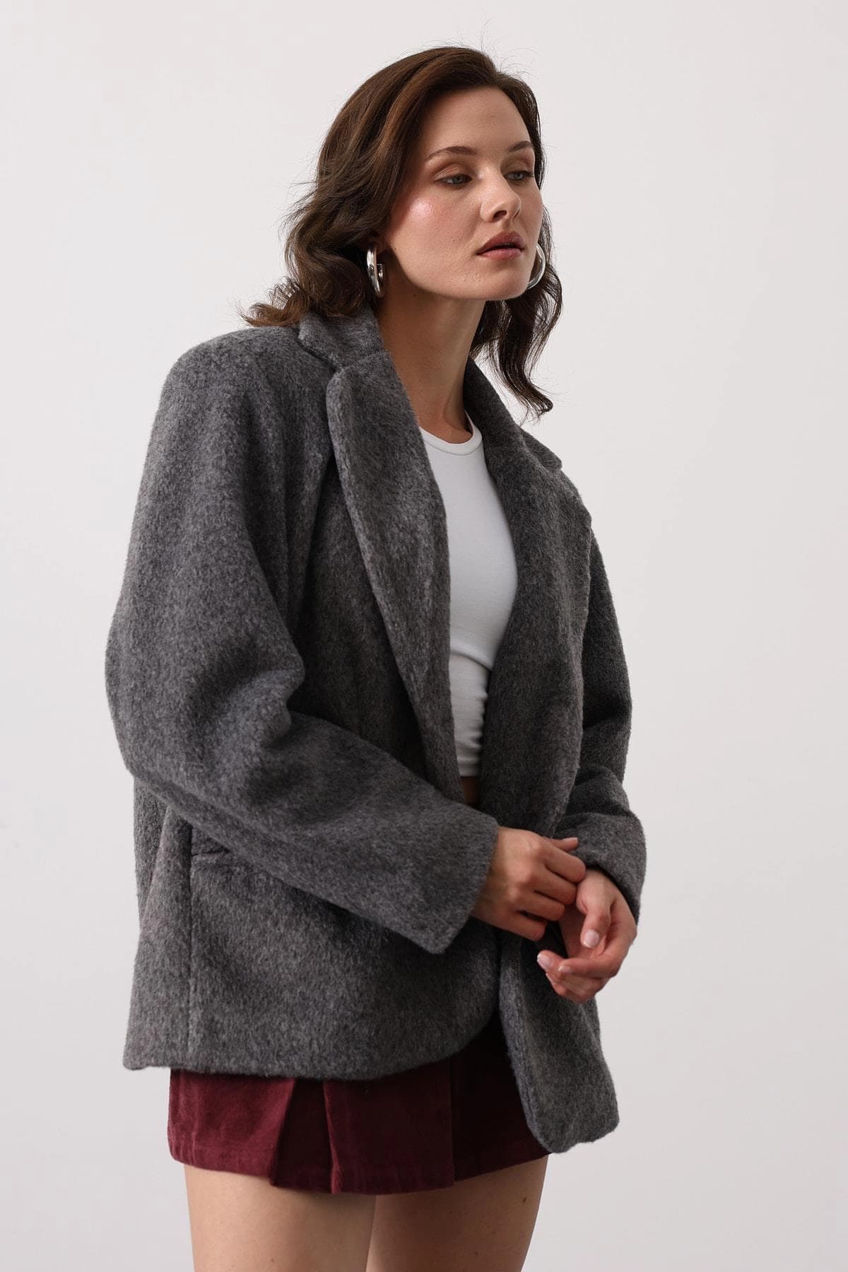 Oversized Grey Wool Blazer, Charcoal Boyfriend Jacket for Women, Dark Academia Coat, 90s Minimalist Style, Longline Felted Wool Jacket - görsel 3