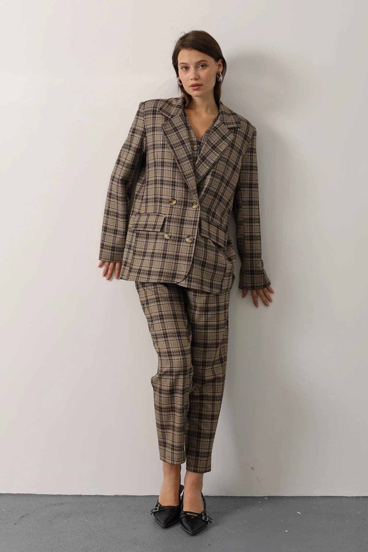 Oversized Light Academia Blazer, Brown Glen Plaid Double Breasted Jacket, Vintage Style Boyfriend Blazer for Women, Preppy Wool Blend Coat - görsel 1