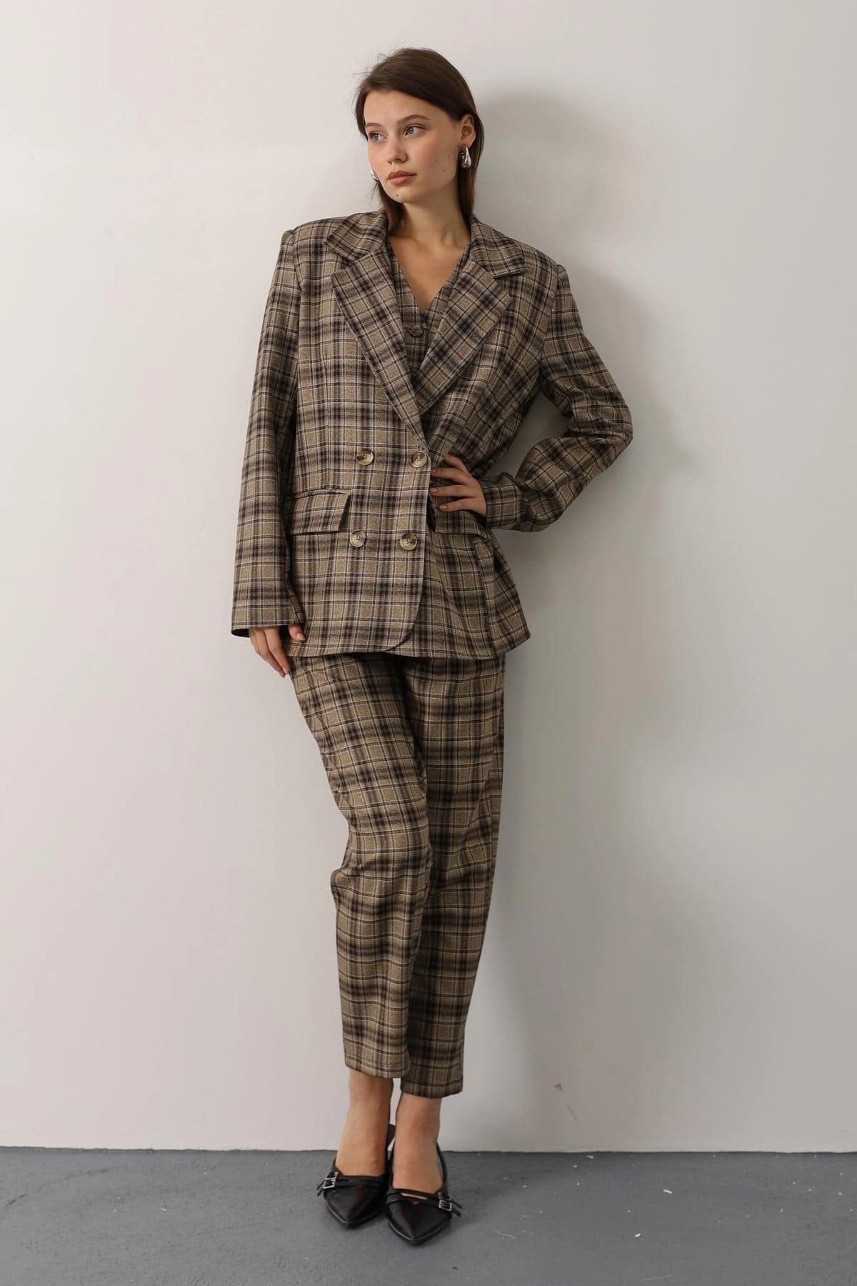 Oversized Light Academia Blazer, Brown Glen Plaid Double Breasted Jacket, Vintage Style Boyfriend Blazer for Women, Preppy Wool Blend Coat - görsel 2