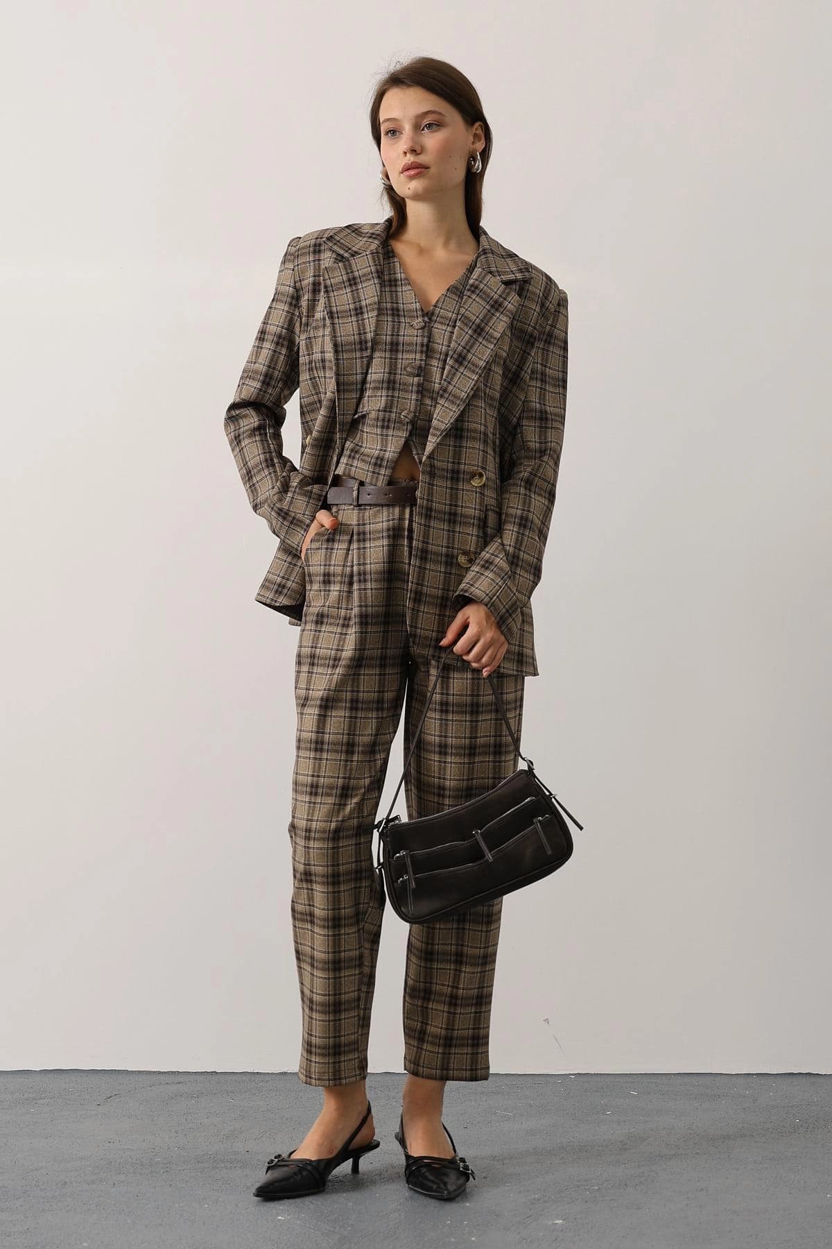 Oversized Light Academia Blazer, Brown Glen Plaid Double Breasted Jacket, Vintage Style Boyfriend Blazer for Women, Preppy Wool Blend Coat - görsel 3