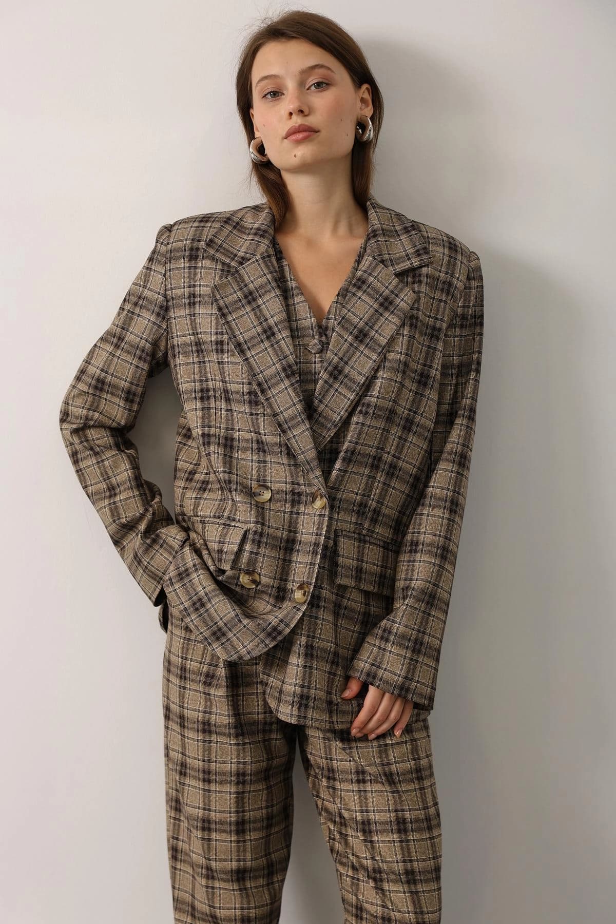 Oversized Light Academia Blazer, Brown Glen Plaid Double Breasted Jacket, Vintage Style Boyfriend Blazer for Women, Preppy Wool Blend Coat - ana görsel