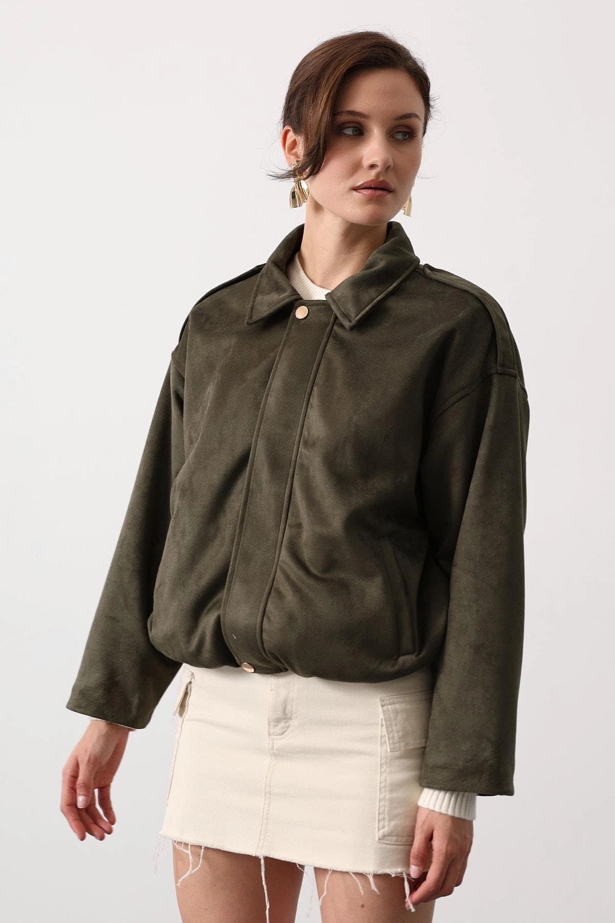 Oversized Olive Suede Bomber Jacket | Women's Military Style Utility Coat | Khaki Green Collared Shacket | 90s Y2K Casual Fall Outerwear - ana görsel