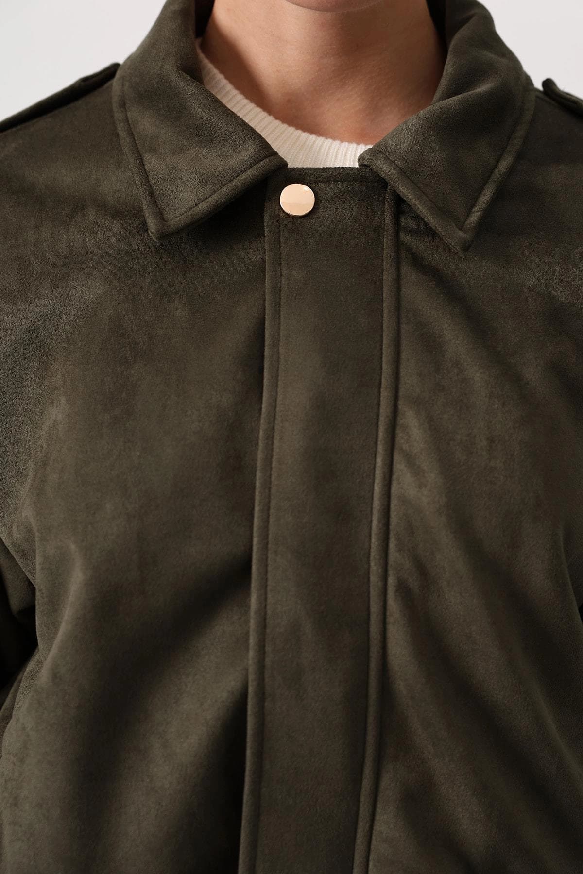 Oversized Olive Suede Bomber Jacket | Women's Military Style Utility Coat | Khaki Green Collared Shacket | 90s Y2K Casual Fall Outerwear - görsel 1