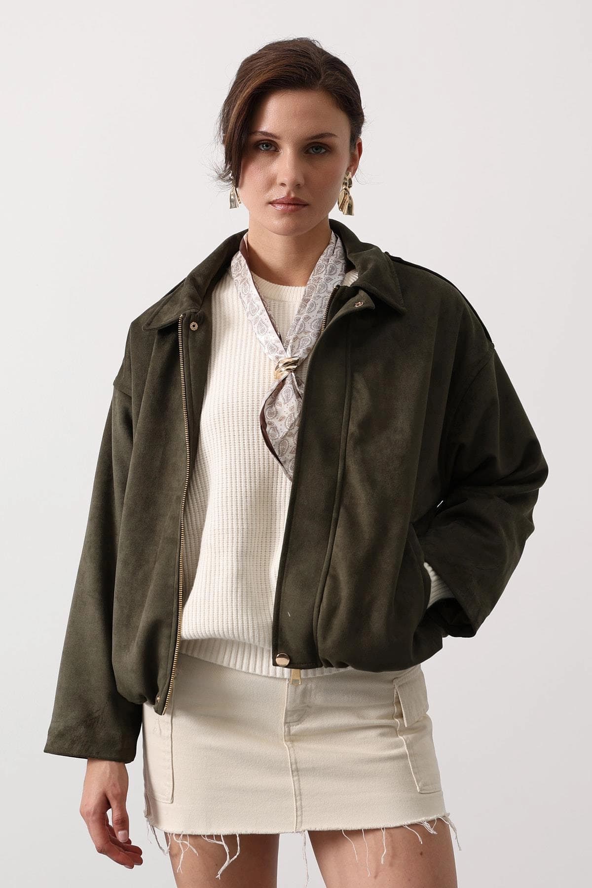 Oversized Olive Suede Bomber Jacket | Women's Military Style Utility Coat | Khaki Green Collared Shacket | 90s Y2K Casual Fall Outerwear - görsel 2