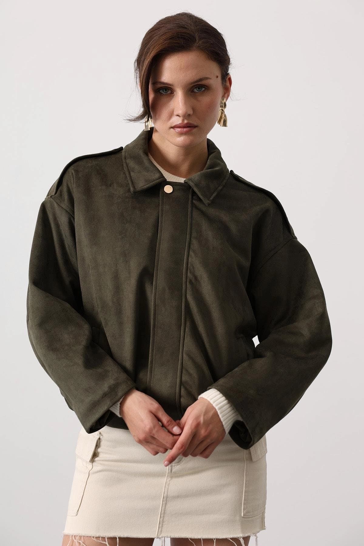 Oversized Olive Suede Bomber Jacket | Women's Military Style Utility Coat | Khaki Green Collared Shacket | 90s Y2K Casual Fall Outerwear - görsel 4
