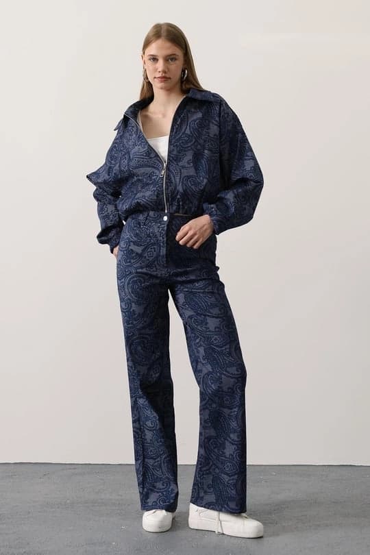 Paisley Two Piece Set, Navy Velvet Two Piece Bomber Jacket and High Waisted Wide Leg Trousers, Luxury Loungewear Streetwear Set - ana görsel