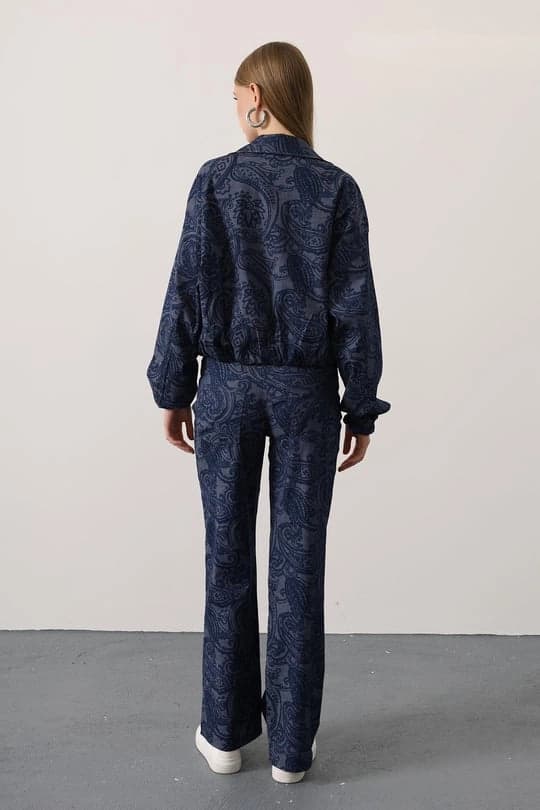 Paisley Two Piece Set, Navy Velvet Two Piece Bomber Jacket and High Waisted Wide Leg Trousers, Luxury Loungewear Streetwear Set - görsel 2