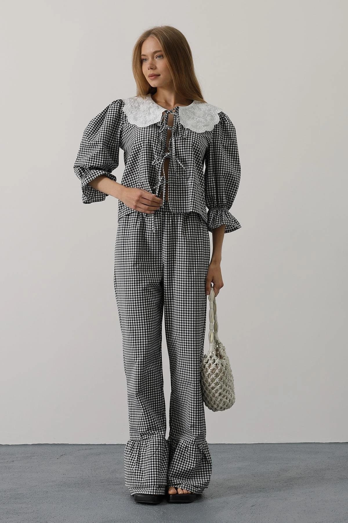 Peter Pan Collar Checkered Matching Set