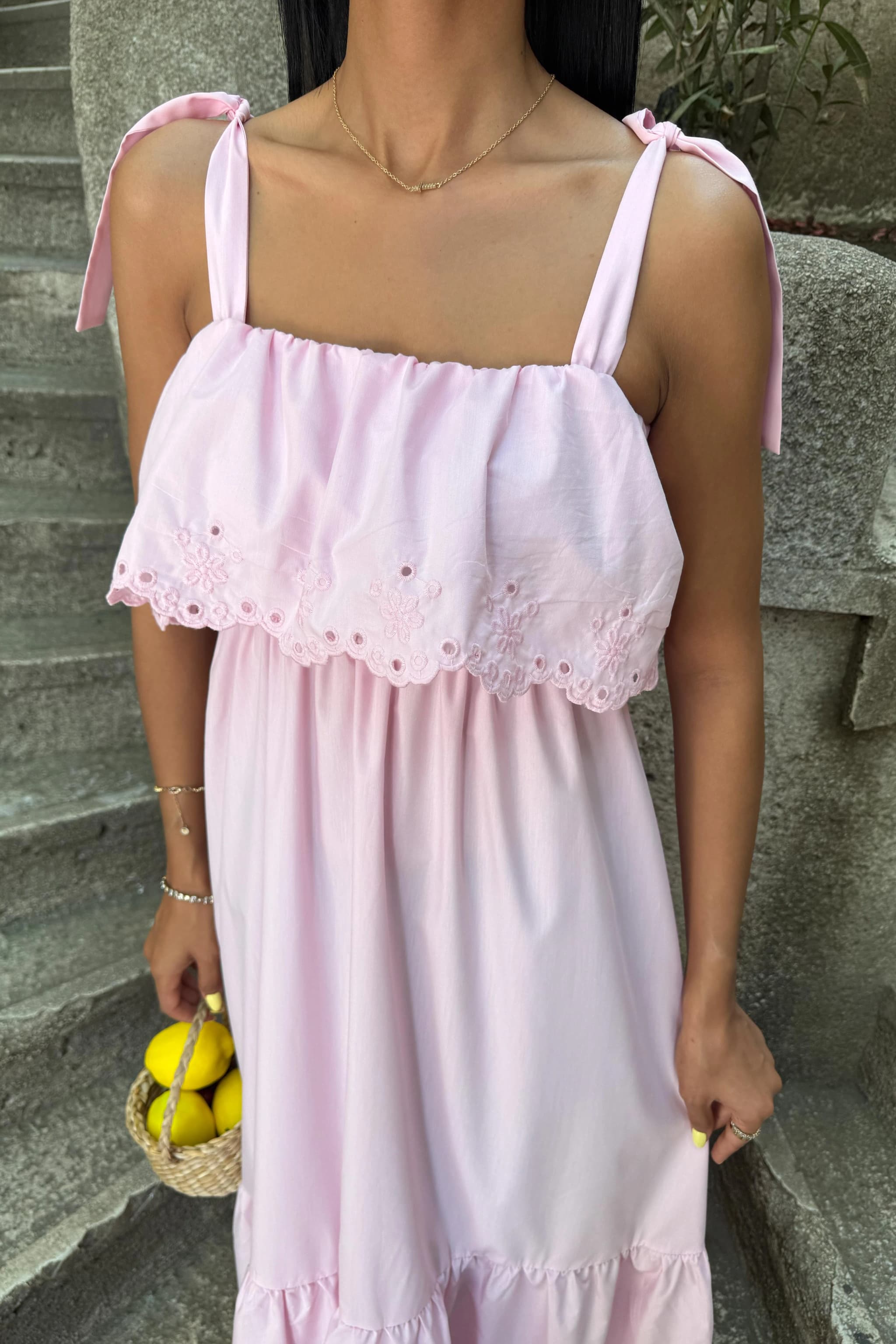 Pink Cottagecore Maxi Dress Eyelet Broderie Anglaise Tiered Dress Perfect for Summer Vacation detailed view 2