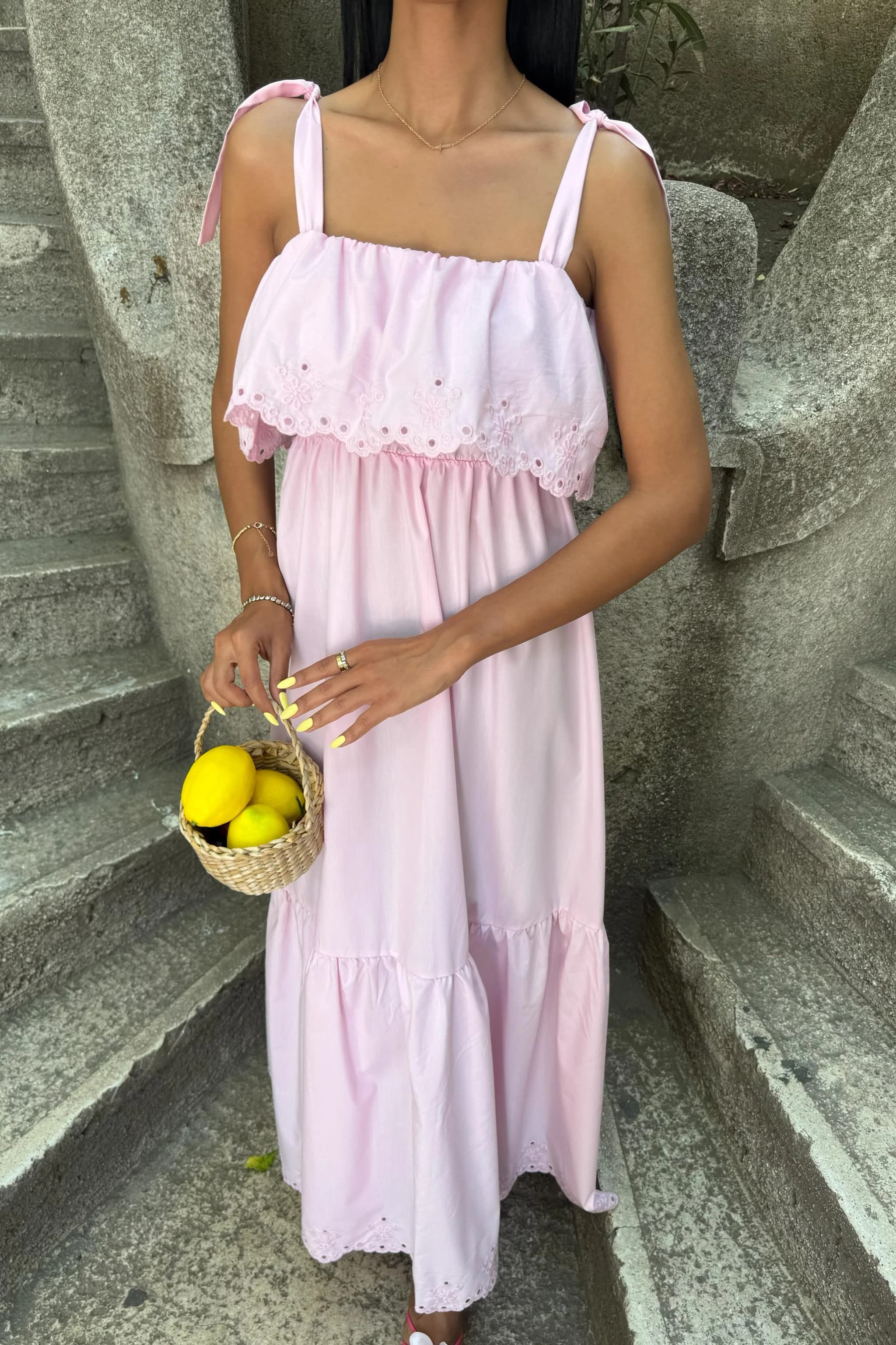 Pink Cottagecore Maxi Dress Eyelet Broderie Anglaise Tiered Dress Perfect for Summer Vacation detailed view 3