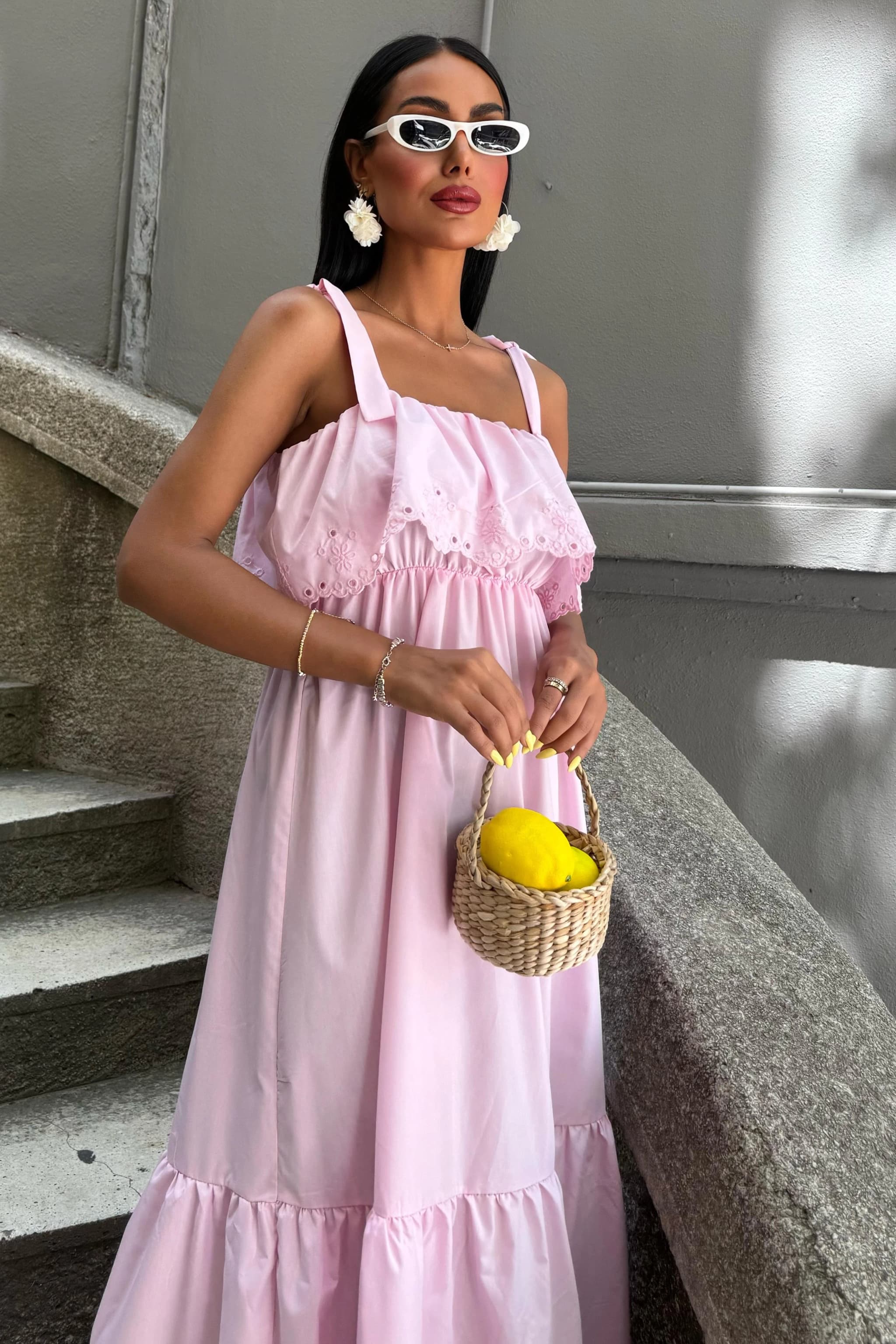 Pink Cottagecore Maxi Dress Eyelet Broderie Anglaise Tiered Dress Perfect for Summer Vacation detailed view 7