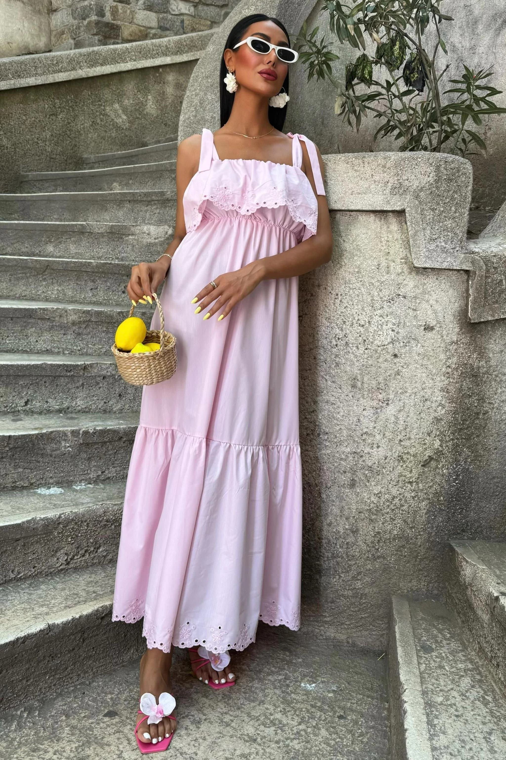 Pink Cottagecore Maxi Dress Eyelet Broderie Anglaise Tiered Dress Perfect for Summer Vacation