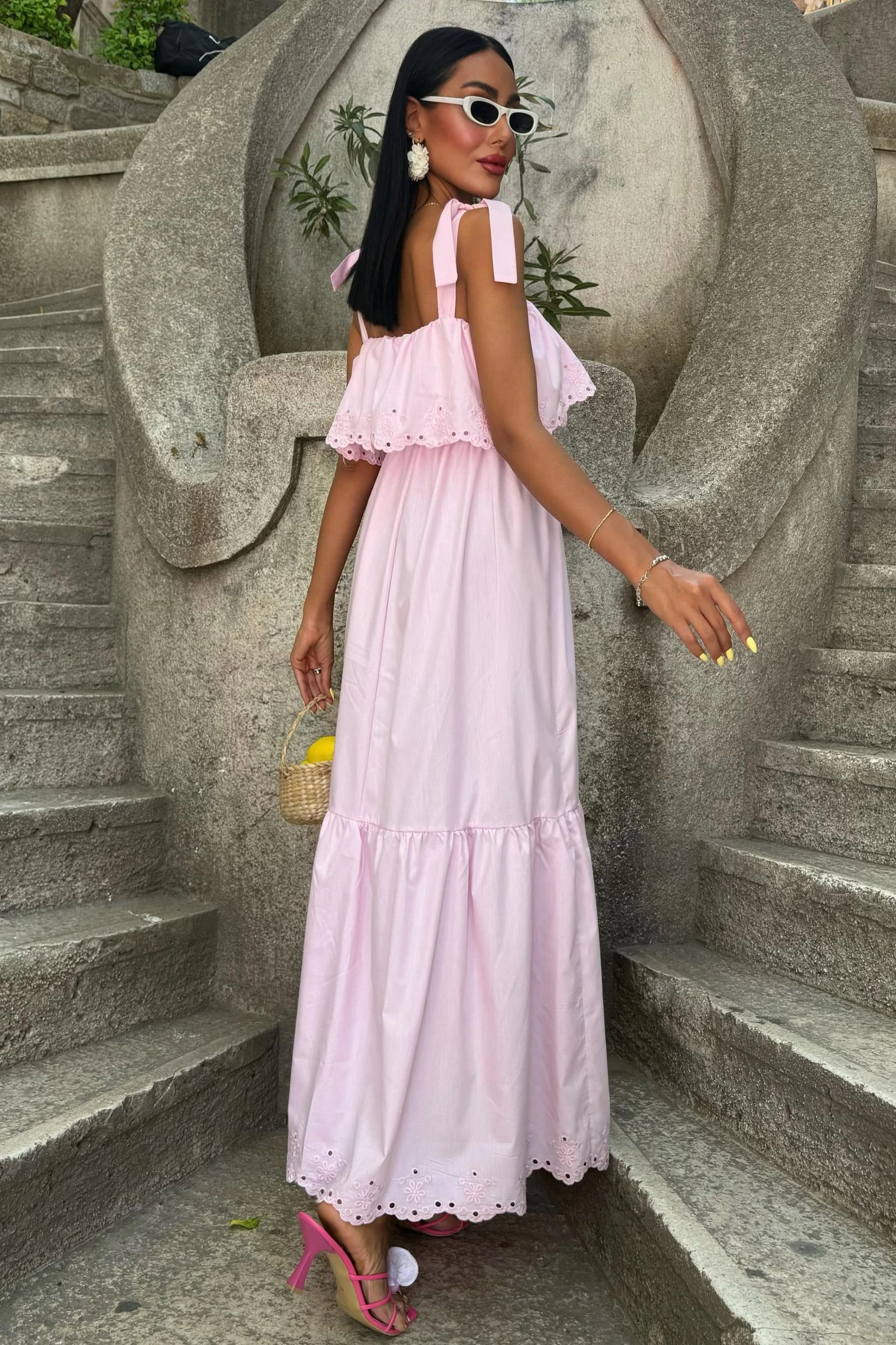 Pink Cottagecore Maxi Dress Eyelet Broderie Anglaise Tiered Dress Perfect for Summer Vacation detailed view 5