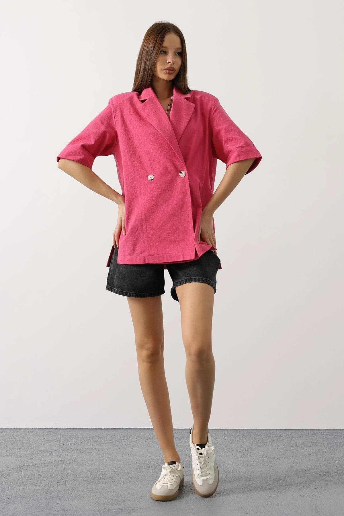 Pink Oversized Blazer Women Double Breasted Linen Jacket Summer Business Casual Custom Fit Professional Suit Jacket detailed view 2