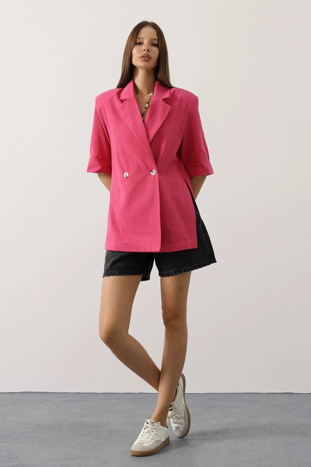Pink Oversized Blazer Women Double Breasted Linen Jacket Summer Business Casual Custom Fit Professional Suit Jacket
