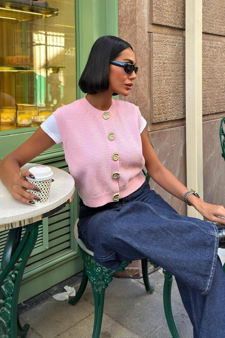 Pink Waffle Knit Sleeveless Cardigan Vest - Button Front Cropped Sweater - görsel 2