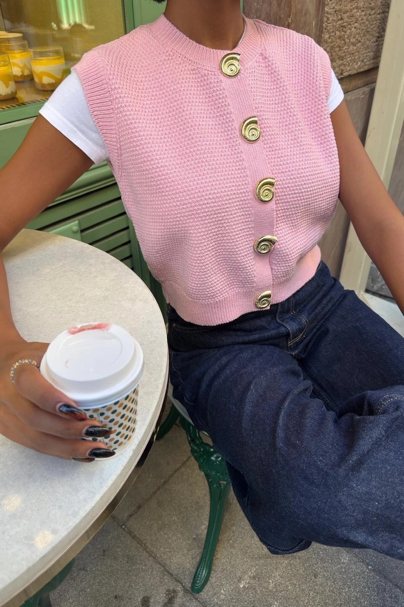 Pink Waffle Knit Sleeveless Cardigan Vest - Button Front Cropped Sweater - görsel 3