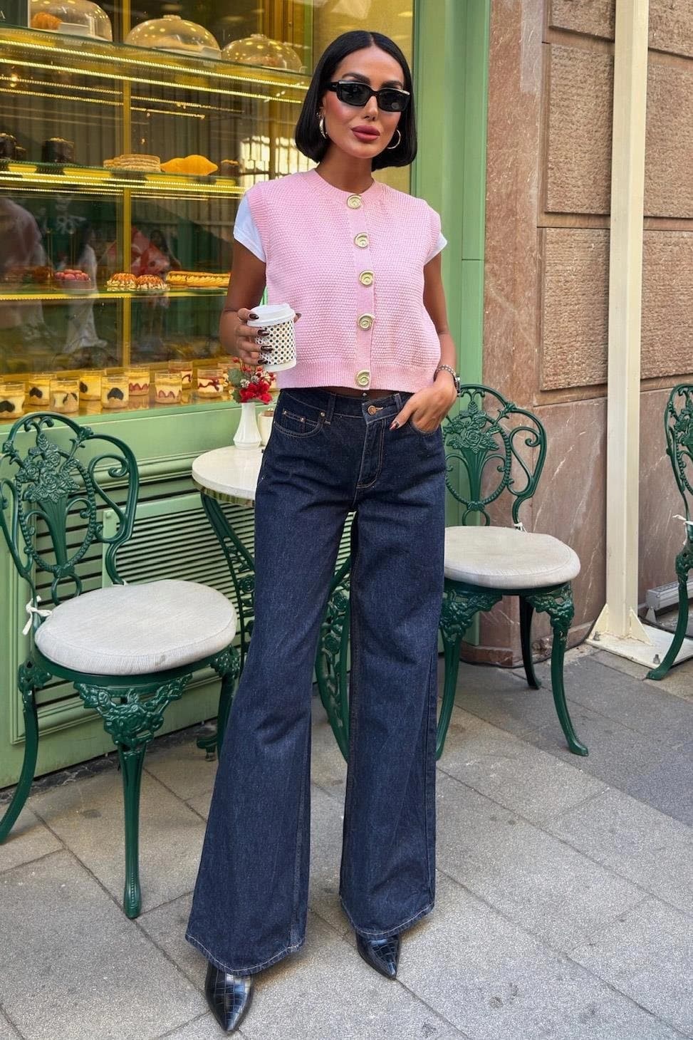 Pink Waffle Knit Sleeveless Cardigan Vest - Button Front Cropped Sweater - görsel 4