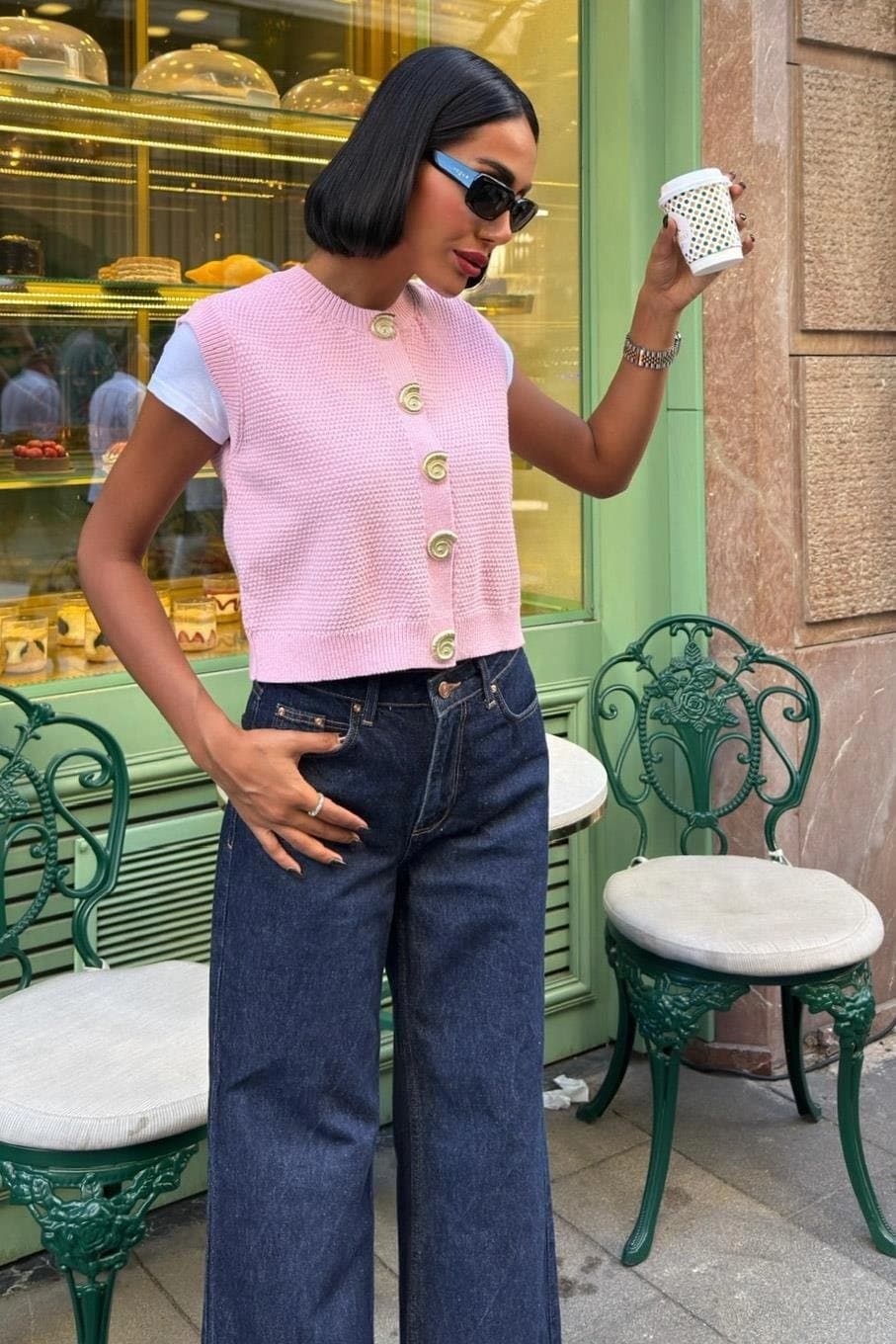 Pink Waffle Knit Sleeveless Cardigan Vest - Button Front Cropped Sweater - görsel 5